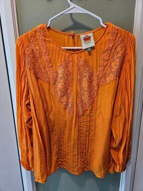 Farm Rio Vibrant Orange 3/4 Sleeve Blouse w Lace Details Large L Feminine Boho